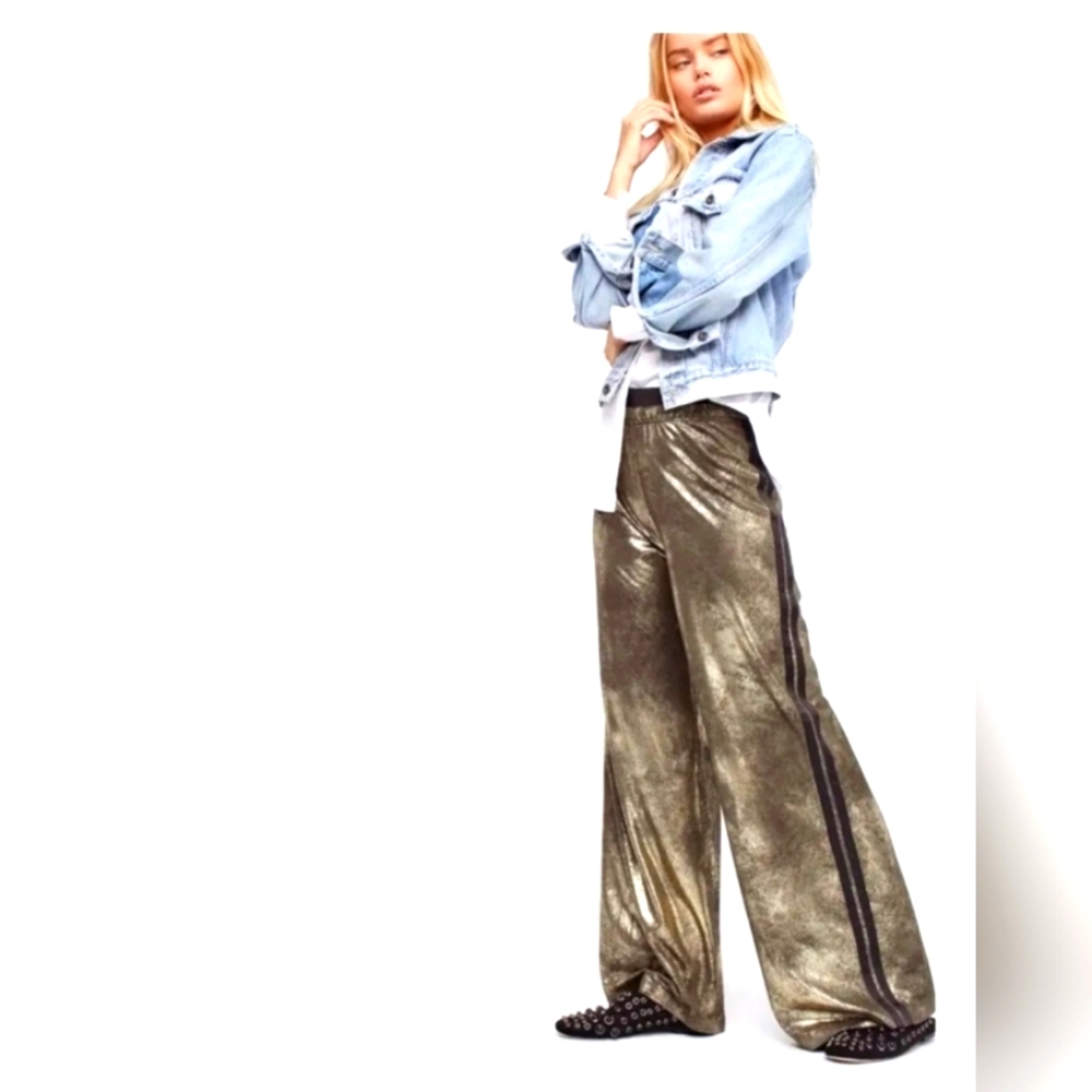 Free People Vegan Leather Gold Wide Leg Track Pants